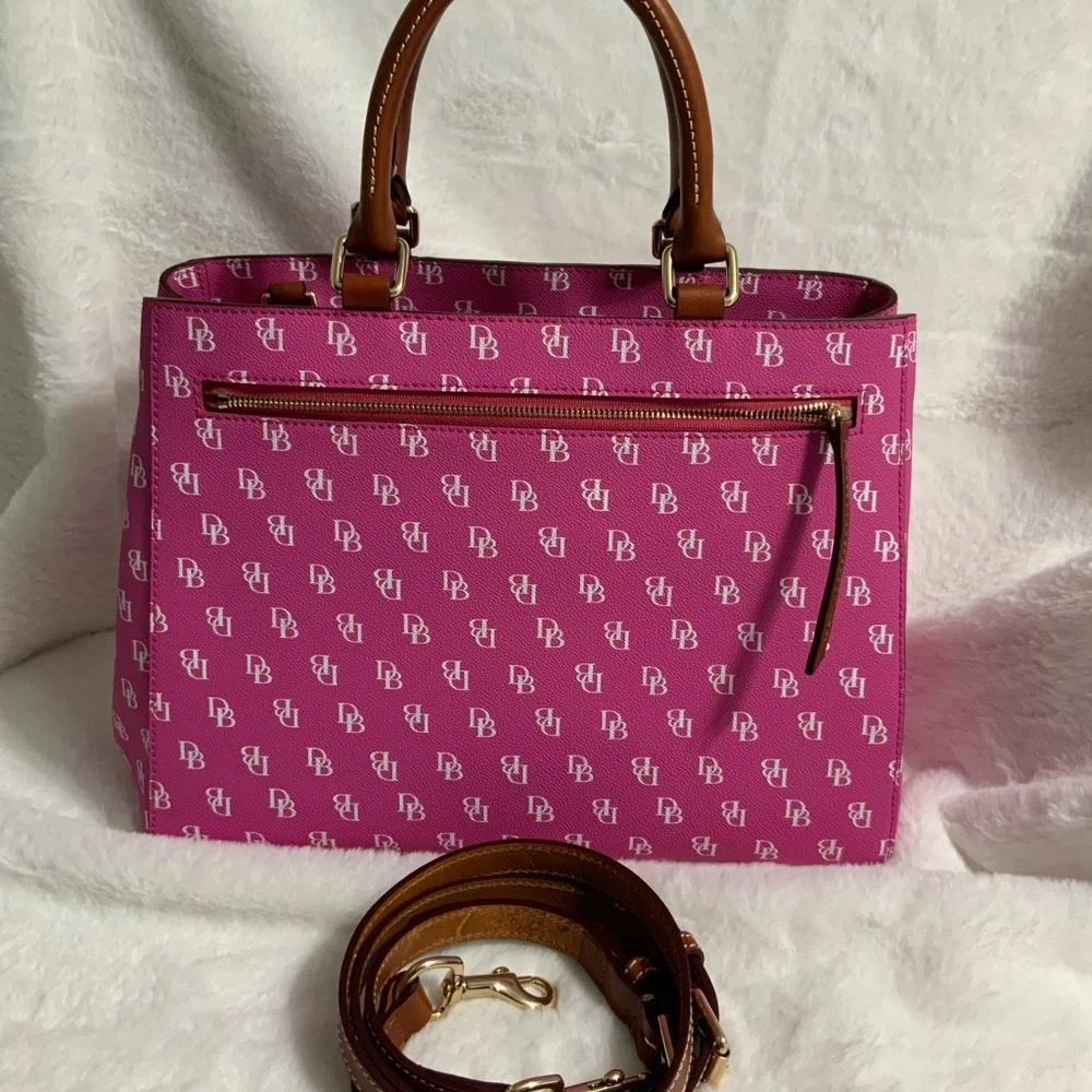 Dooney & Bourke Pink Logo Satchel with Brown Handles